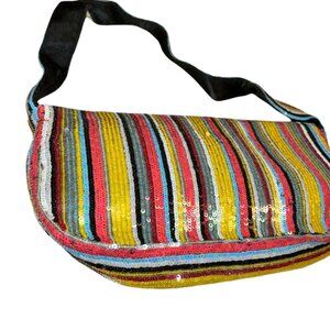 santi new multi color sequin sparkly striped should hand bag purse